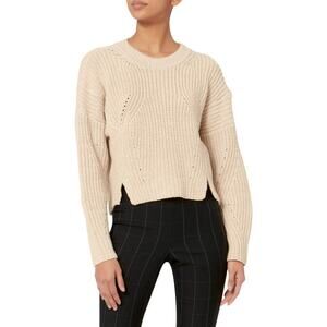 INTERMIX Dinah Sweater Crew Neck Wool Blend Chunky Rib Knit Cropped Cream